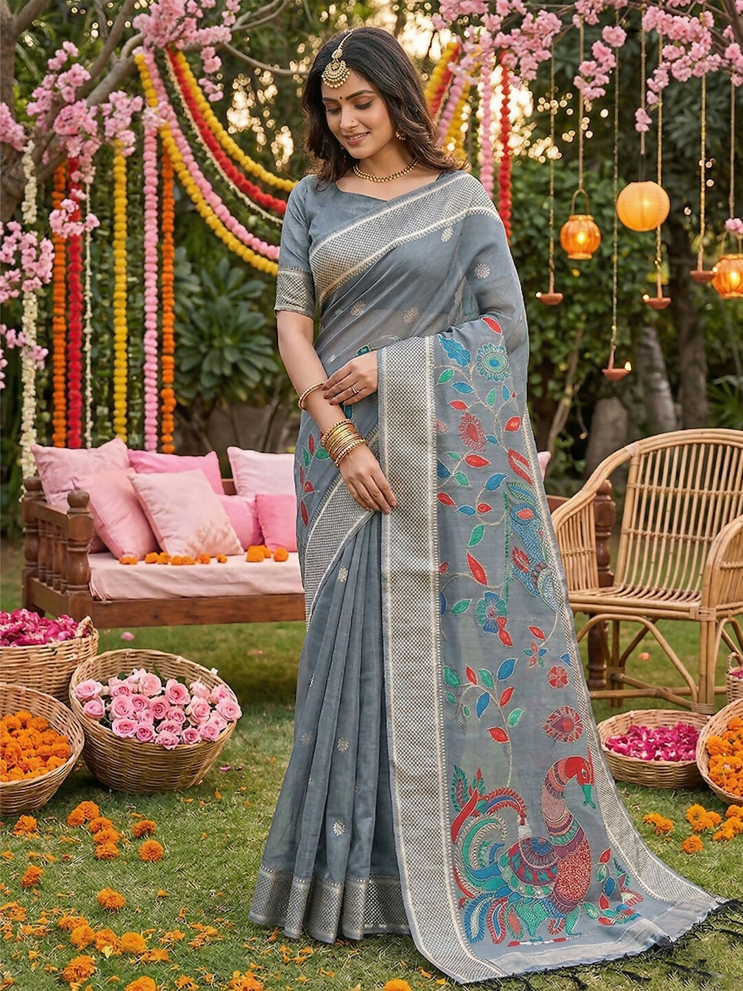 Shree Shyam Fashion Gray Linen Cotton Saree | Grocsy