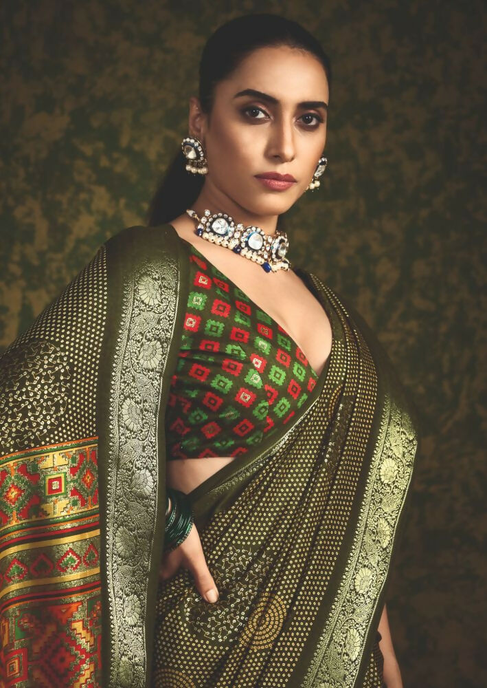 Joban Fashion Mehendi Green Velvet Tussar Silk with Foil Print Saree | Grocsy