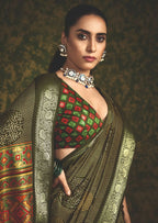 Joban Fashion Mehendi Green Velvet Tussar Silk with Foil Print Saree | Grocsy