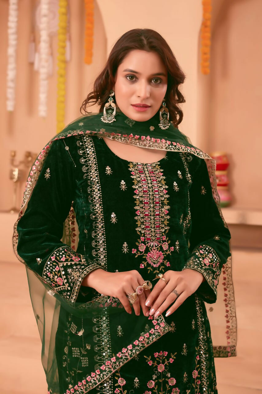 Joban Fashion Green Velvet Embroidery Sequence Work Readymade Kurta Set | Grocsy