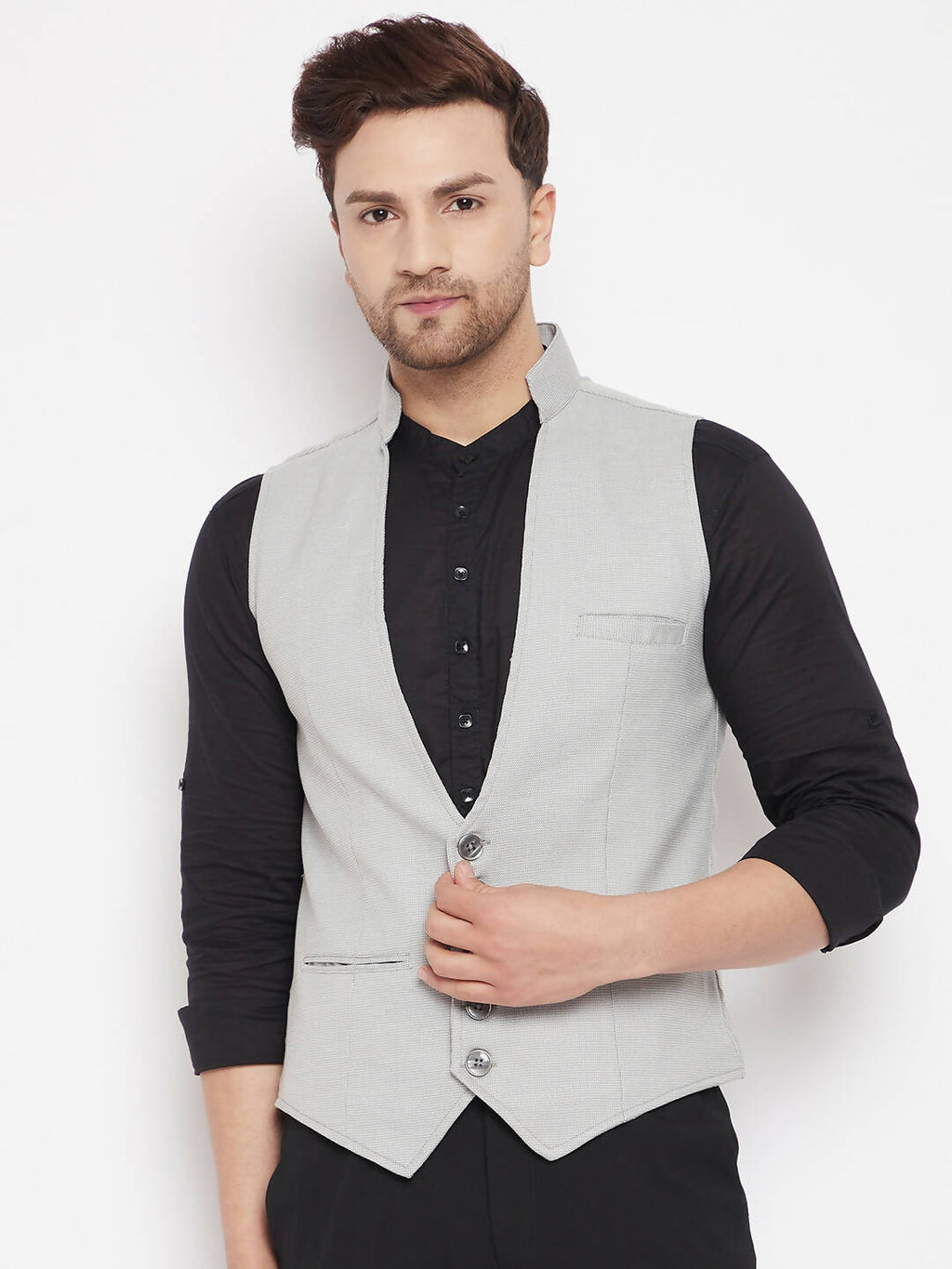 Even Apparels Grey Merino Men Woven Nehru Jacket | Grocsy