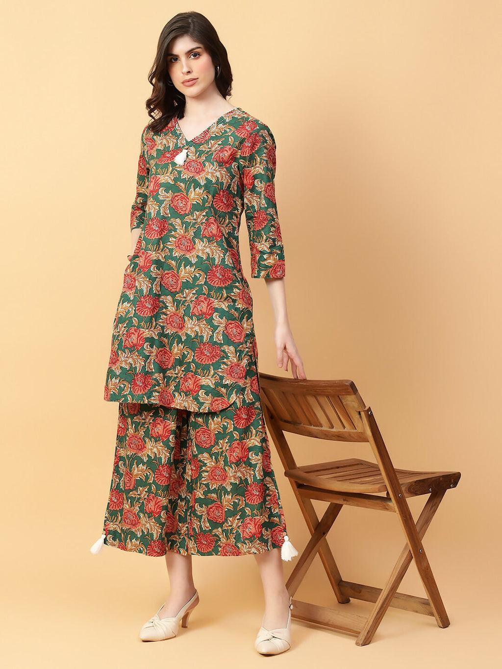 Joban Fashion Green Cotton Printed & Hand Work Co-ord Set | Grocsy