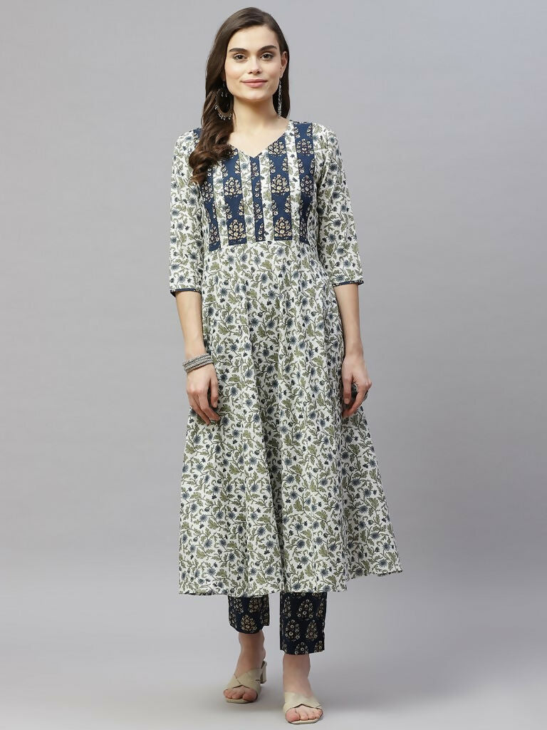 Miravan Women's Floral Printed Anarkali Pure Cotton Kurta With Palazzo Set | Grocsy
