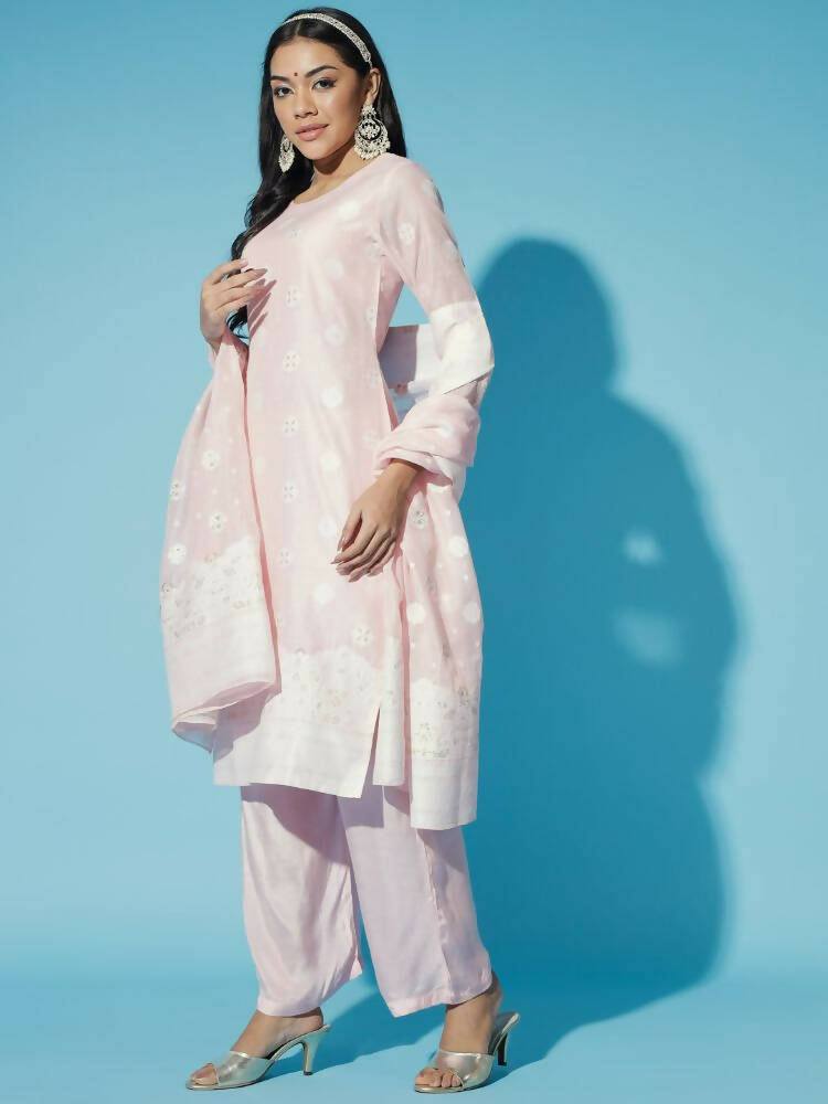Myshka Women Pink Embroidered Kurta & Trousers With Dupatta | Grocsy