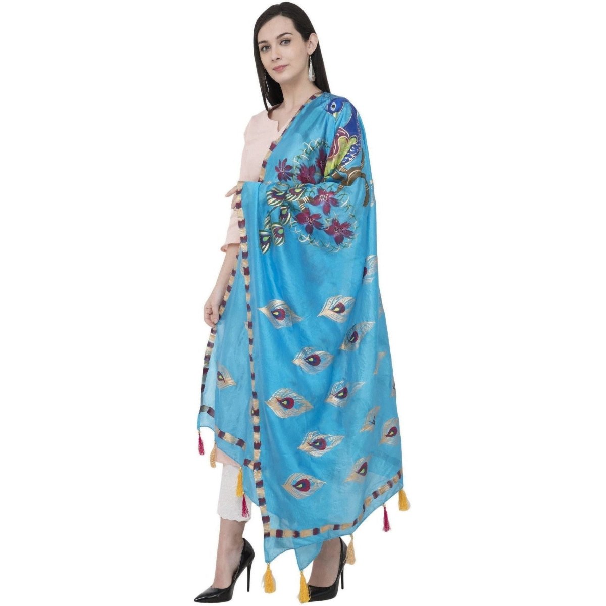 A R Silk Silk Peacock Multi Fancy Dupatta Color Firozi Dupatta or Chunni | Grocsy
