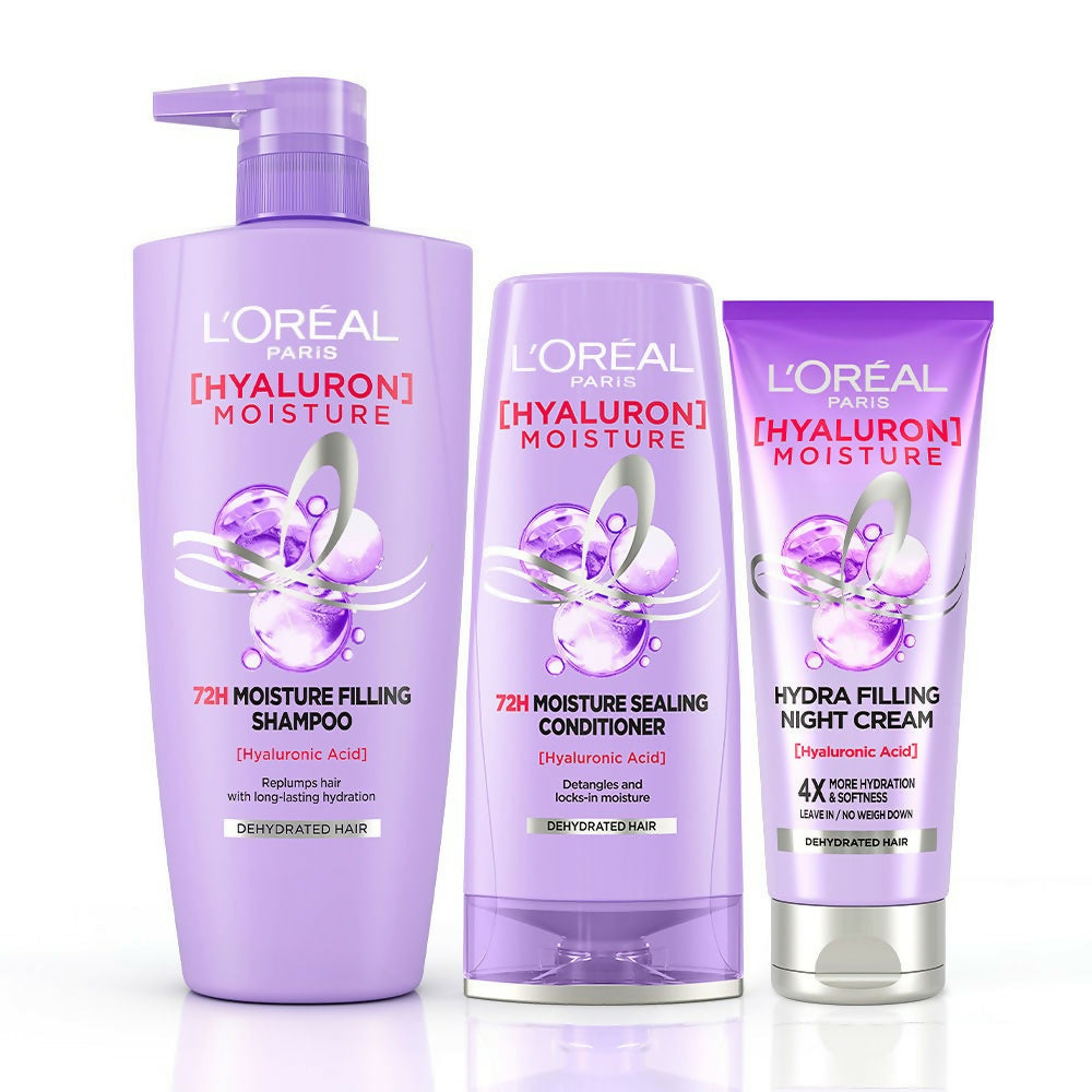 L'Oreal Paris Hyaluron Moisture Combo for 72HR Hydrated Hair Shampoo + Conditioner + Night Cream | Grocsy