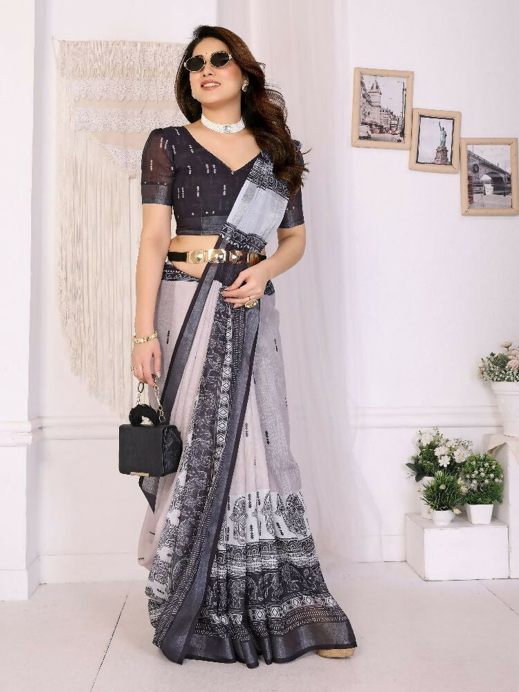 PR Fashion Black Handloom Linen Cotton Zari Saree | Grocsy