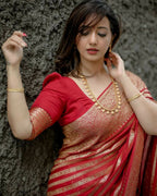 DEIANA'S Beautiful Designer Golden zari Soft Lichi Silk Saree - Red | Grocsy