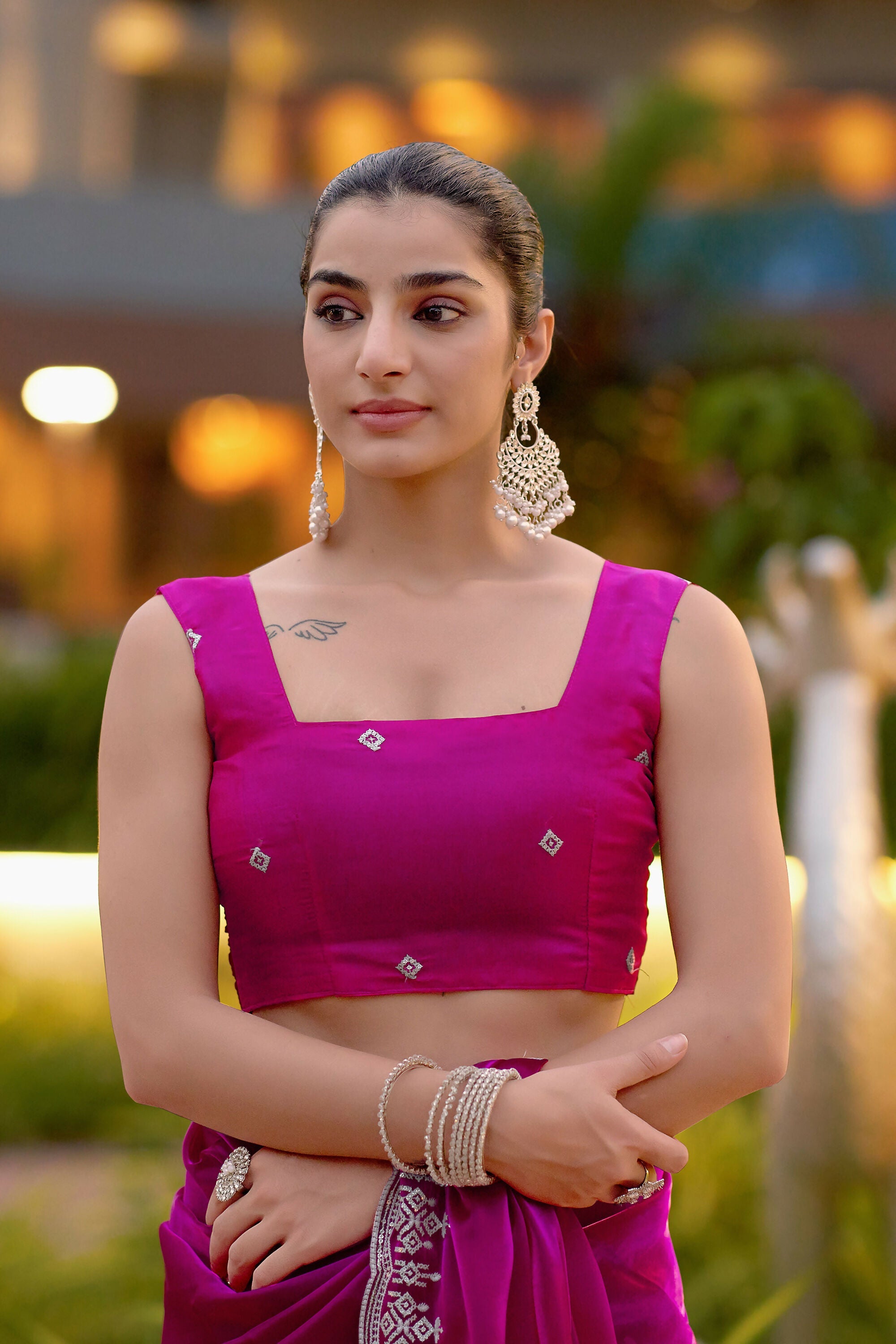Vastranavya Pink Embroidery Work Shimmer Chiffon Saree with Unstitched Blouse | Grocsy