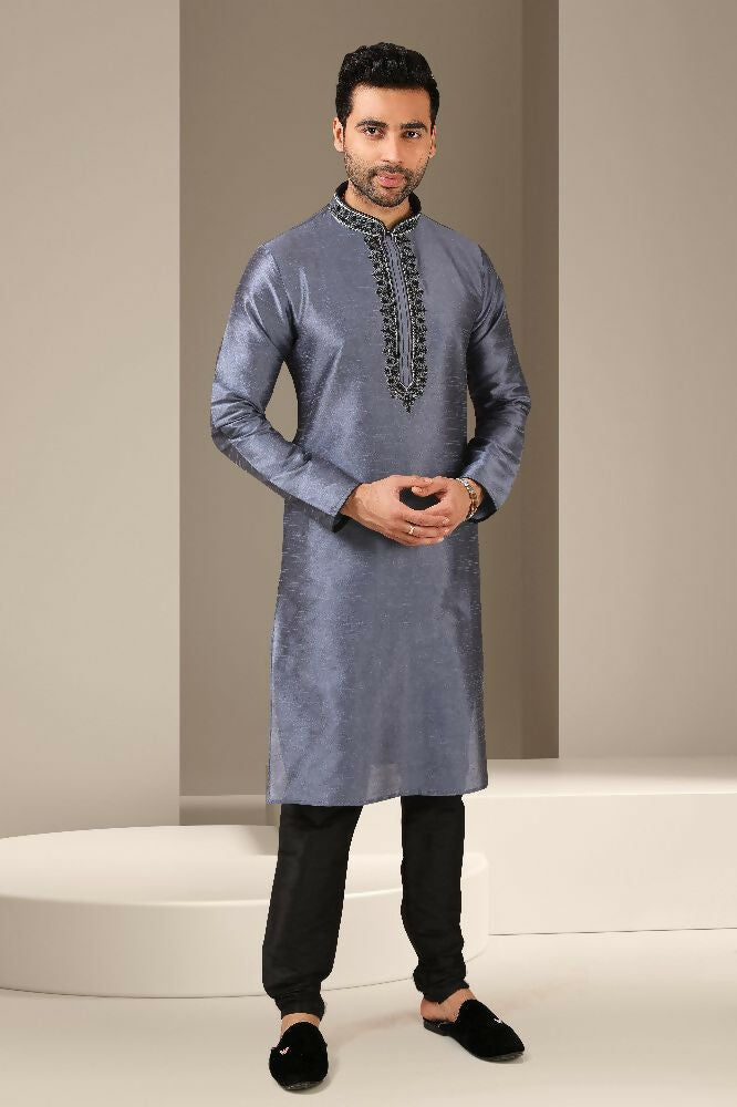 Raivat Ethnic Banarasi Art Silk Mirror Work Kurta Pajama In Dark Grey Colour | Grocsy