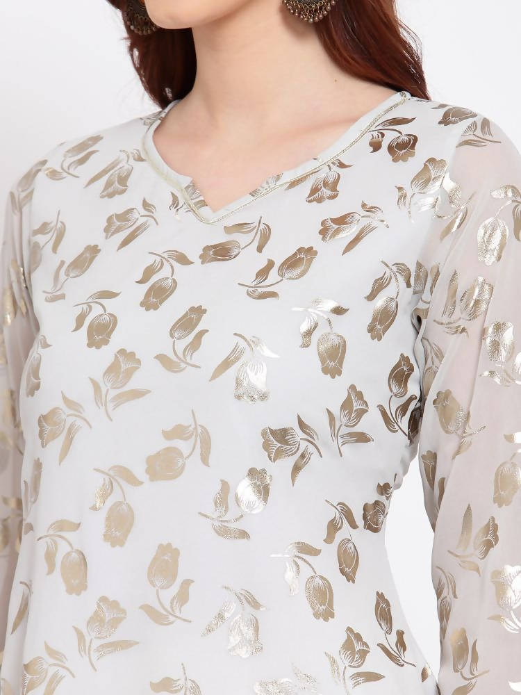Myshka Women's Grey Printed Georgette 3/4 Sleeve Round Neck Casual Kurta | Grocsy
