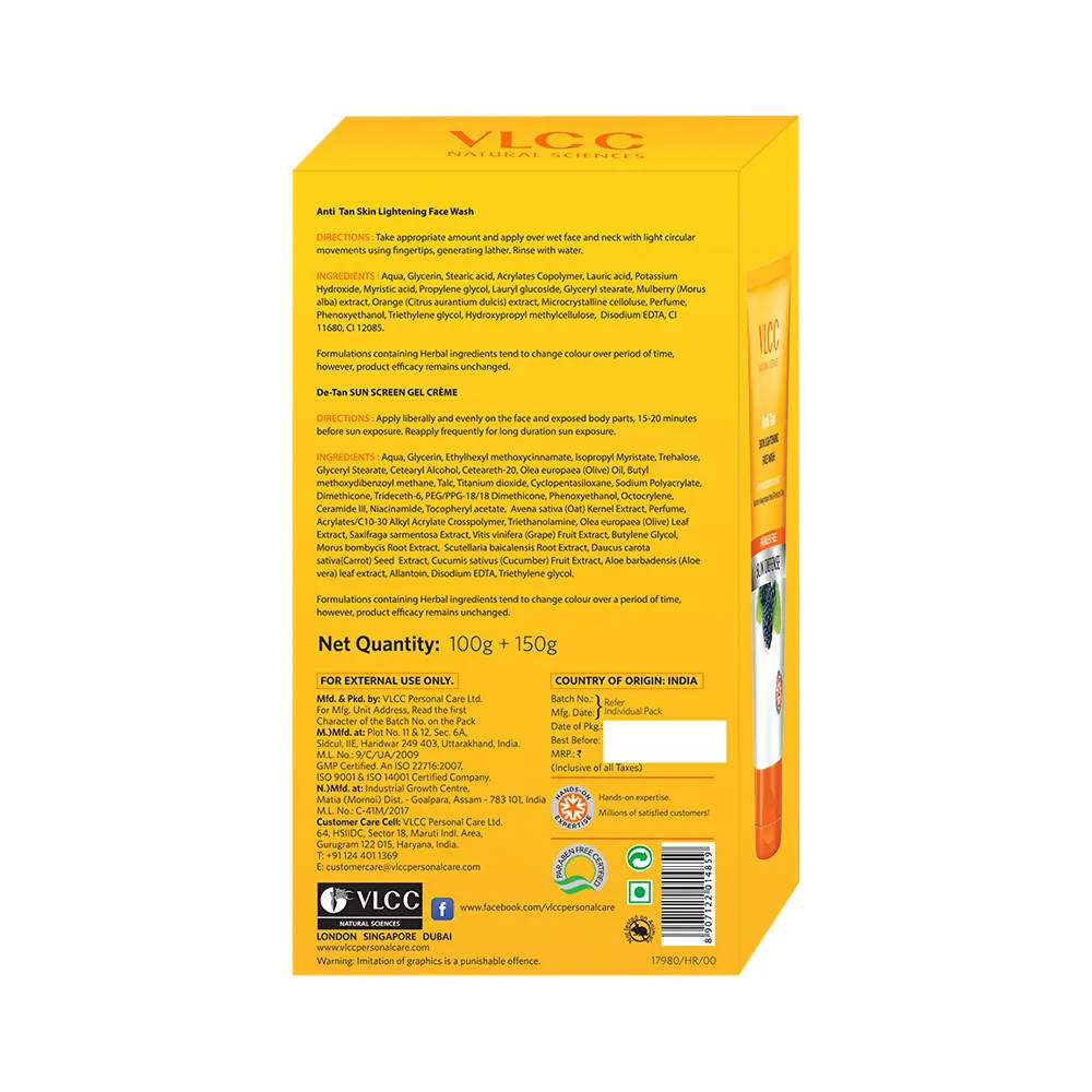 VLCC Anti Tan Face Wash & De Tan SPF 50 Sun Screen Gel Creme Combo | Grocsy