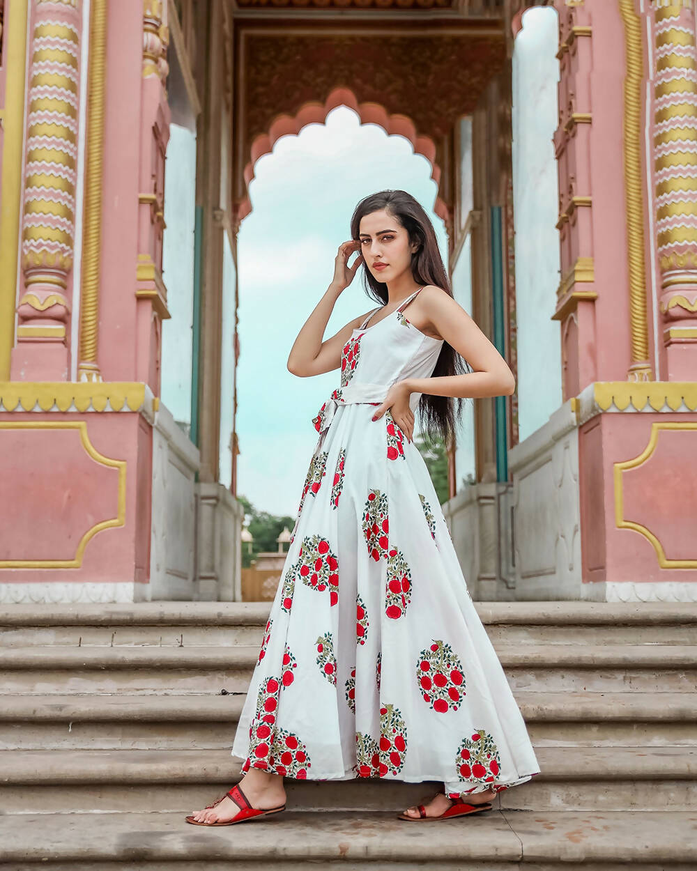 Designer Partywear Printed White Pure Maslin Gown - Anbazaar | Grocsy