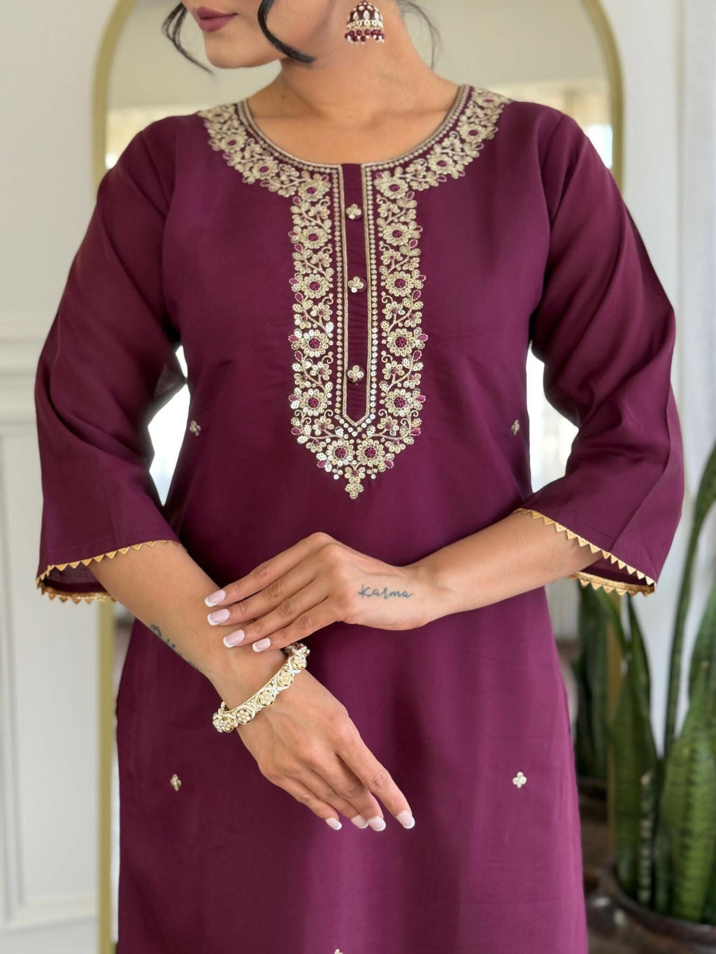 The52 Wine Women's Gorgeous Rayon Fabric Embroidered Work Straight Kurta Pant and Dupatta Set | Grocsy