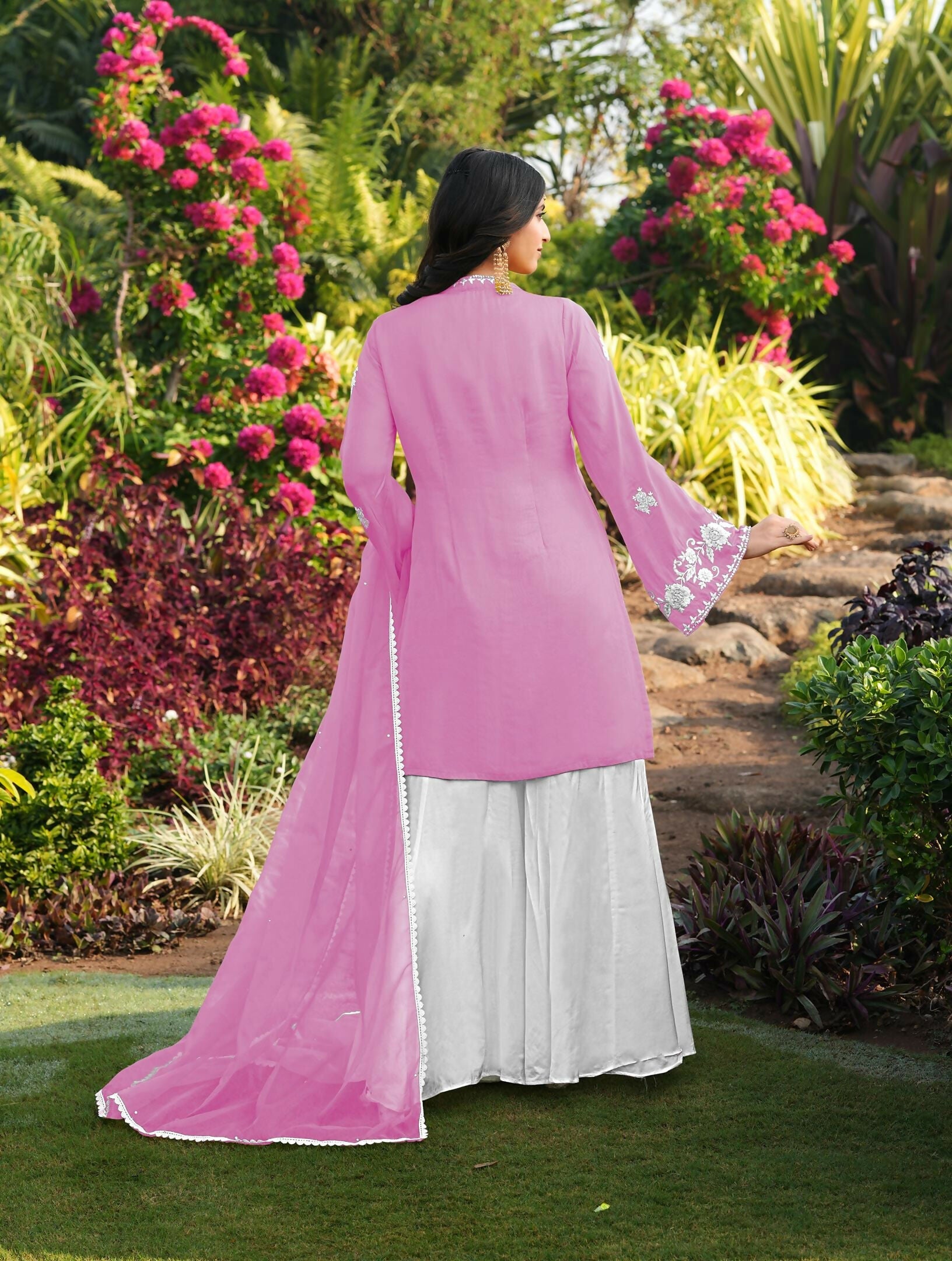 Nikhaar Light Pink Embroidered Modal Silk Stitched Straight Cut Kurta Kalidar Palazzo Dupatta Readymade Suit | Grocsy