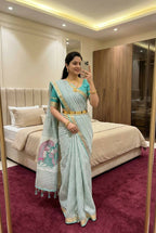 Vastranavya Sky Blue Linen Cotton Meenakari Weaving Pallu Saree with Contrast Blouse | Grocsy