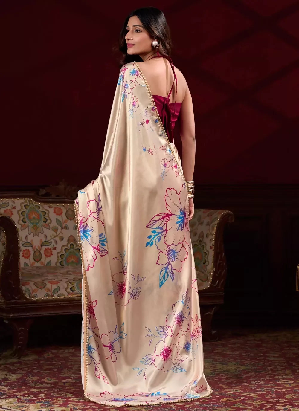 Vastranavya Cream Satin Silk Floral Printed with Pearl Lace Saree with Unstitched Blouse | Grocsy