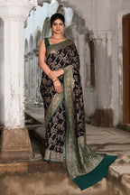 Joban Fashion Navy Blue Crepe Chiffon Pure Handloom Banarasi Silk Saree | Grocsy