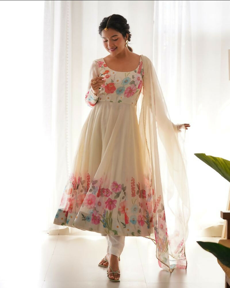 Joban Fashion Cream Kurta Set Organza Sequin Embroidery Work | Grocsy