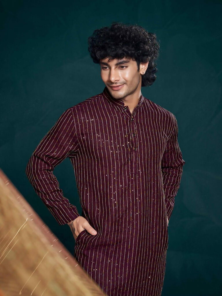 Wine Viscose Designer Sequance Embroidery Work Men's Kurta Set - Mahotsav | Grocsy