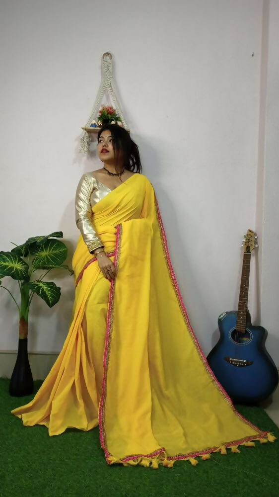 Exclusive Collection Beautiful Khadi Cotton Handloom Saree With Beautiful Zari Border - Yellow | Grocsy