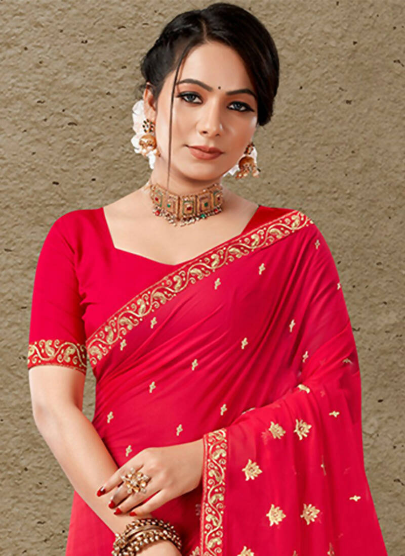 Red Georgette Embroidered Saree with Unstitched Blouse Piece - Avika | Grocsy