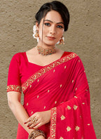 Red Georgette Embroidered Saree with Unstitched Blouse Piece - Avika | Grocsy