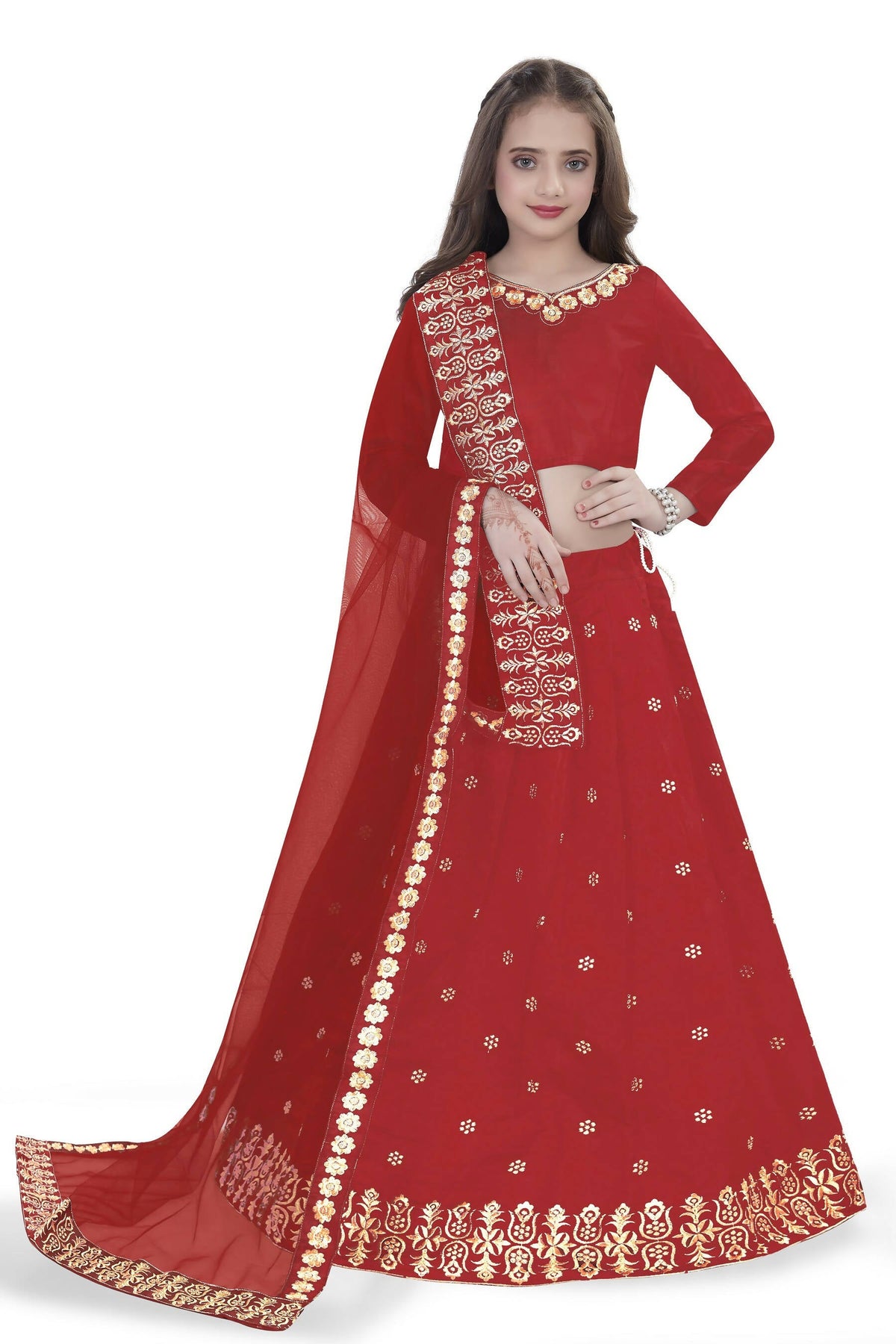 Dwiden Red Queen Tafetta Sattin Semi-Stitched Girl's Lehenga Choli | Grocsy