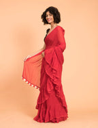 Suta Red Pure Cotton Solid Ruffle Saree | Grocsy
