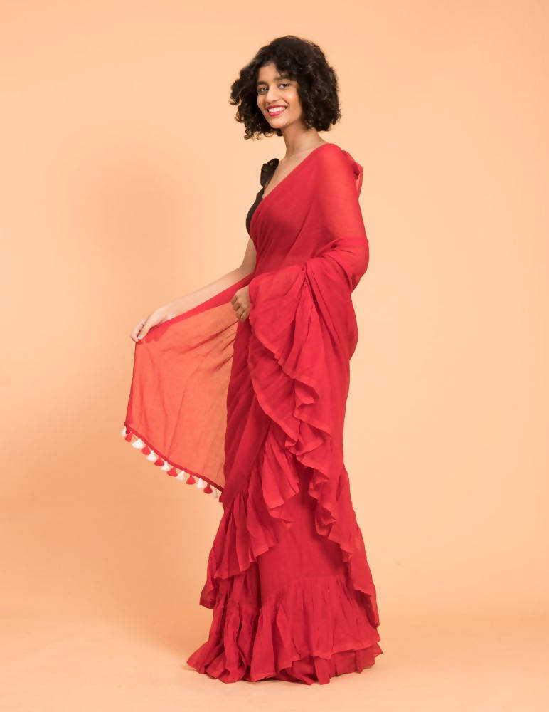 Suta Red Pure Cotton Solid Ruffle Saree | Grocsy
