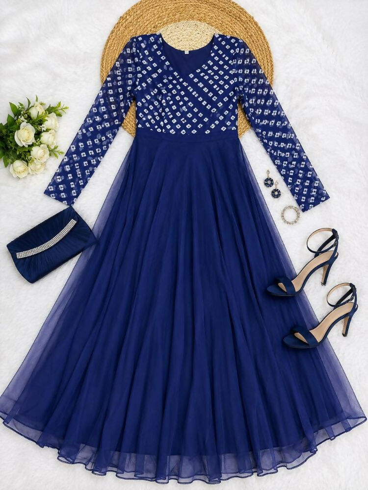 Teeya Creation Women's Royal Blue Bandhani Print Anarkali Gown | Grocsy
