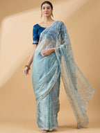 Blue Organza Sequence Embroidered Saree with Unstitched Blouse - Satya | Grocsy