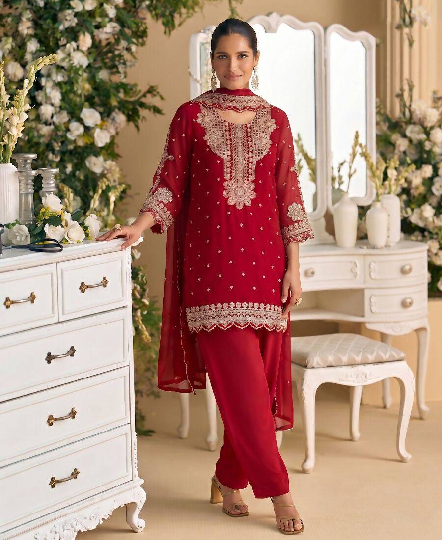 KC New Georgette Short Salwar Kameez Pakistani Style Red | Grocsy