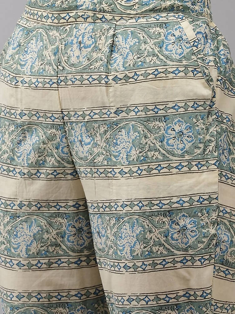 Yufta Women Beige Floral Printed Regular Pure Cotton Kurta with Trouser | Grocsy