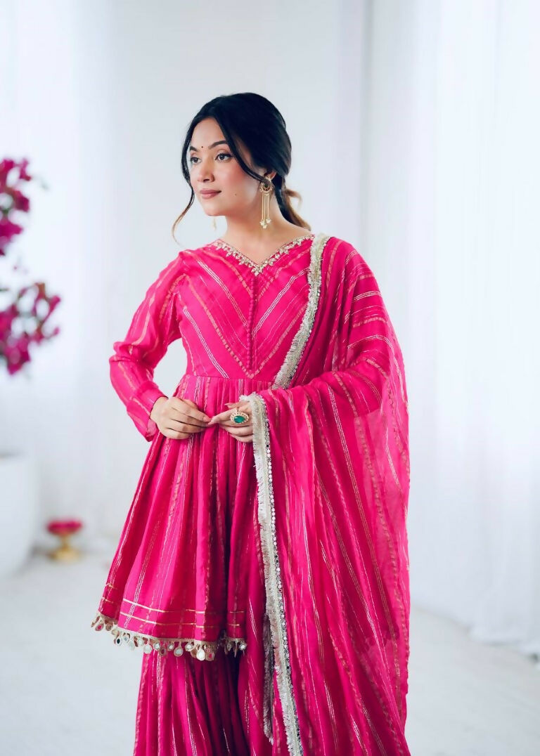 Teeya Creation Pink Color Mal Chanderi Silk Mirror Work And Hand Work Sharara set | Grocsy