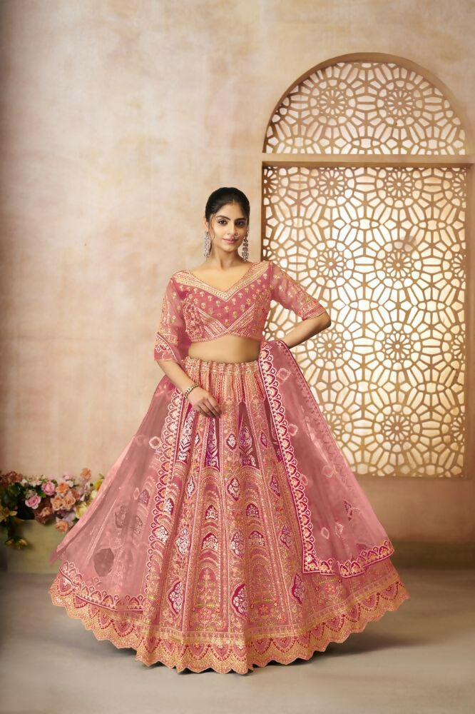 Kesar Fab Pink Banarasi Silk Embroidered Lehenga | Grocsy