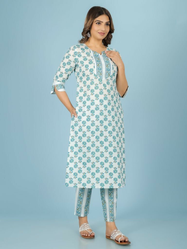 Aramya White Soft Cotton Floral Print Straight Kurta Set for Women | Grocsy