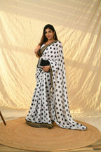 Vamsee Polka Dot Black & White Nylon Saree | Grocsy