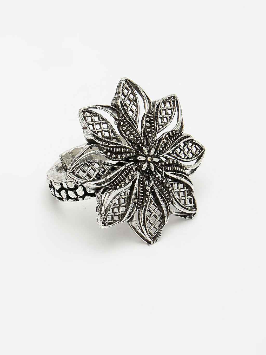 NVR Women's Silver-Toned Floral Shape Adjustable Finger Ring | Grocsy