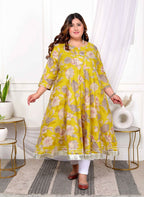 Miravan Women's Plus Size Cotton Gota Patti And Lace Border Details Floral Printed Yellow Anarkali Kurta | Grocsy