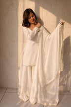 Teeya Creation Womens New Trending Less and Mirror Work Kurta Palazzo Set - White | Grocsy
