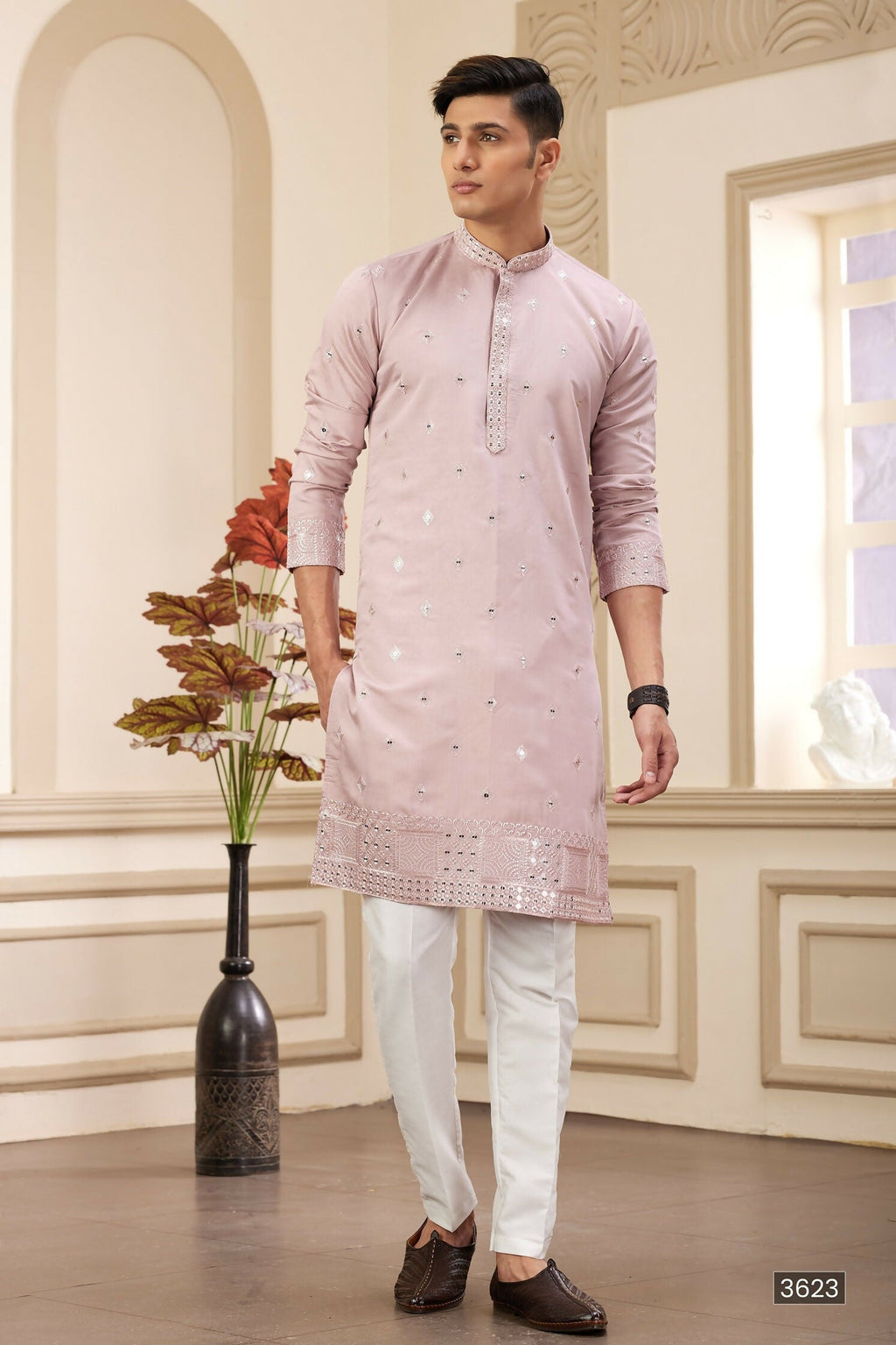 Raivat Ethnic Men's Art Silk Thread Work Kurta Pyjama In Onion Colour | Grocsy