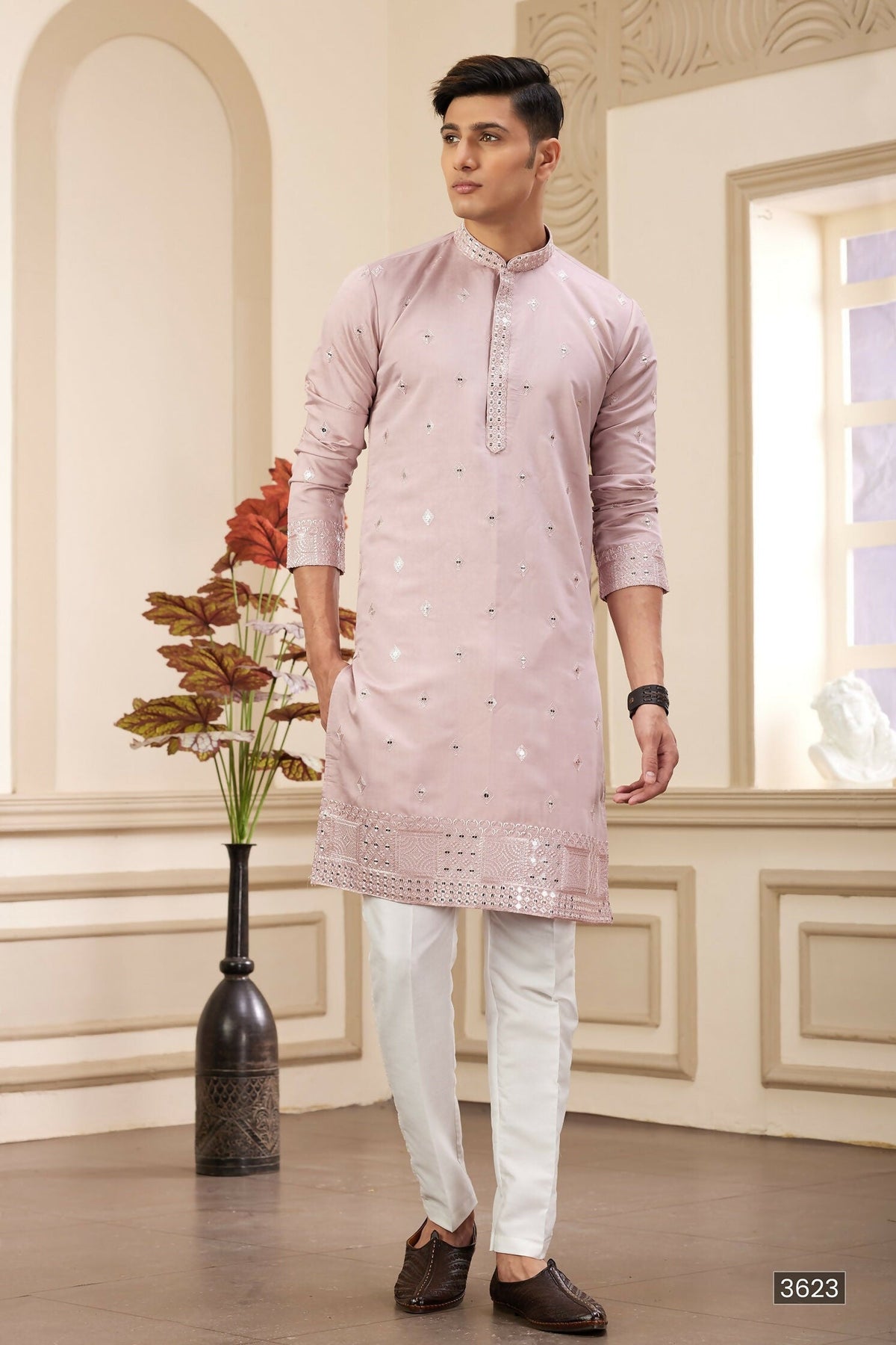 Raivat Ethnic Men's Art Silk Thread Work Kurta Pyjama In Onion Colour | Grocsy