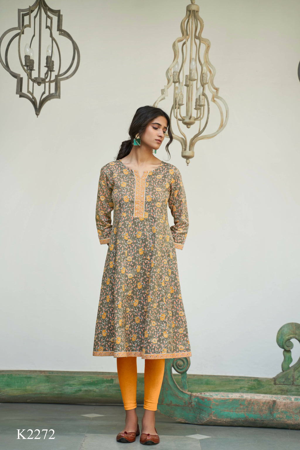 Grey Cotton Floral Printed A line Kurta - Prasuti | Grocsy