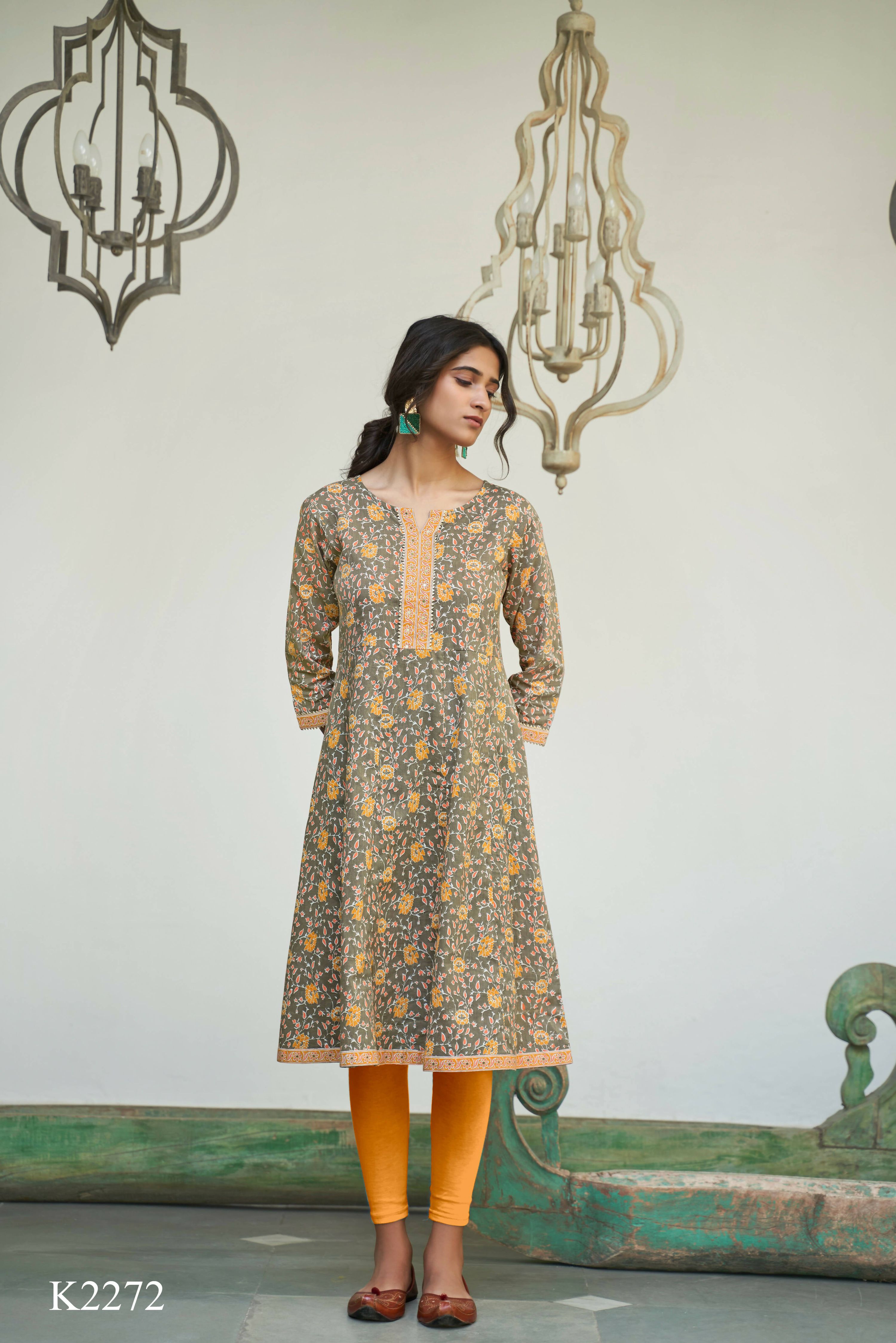 Grey Cotton Floral Printed A line Kurta - Prasuti | Grocsy