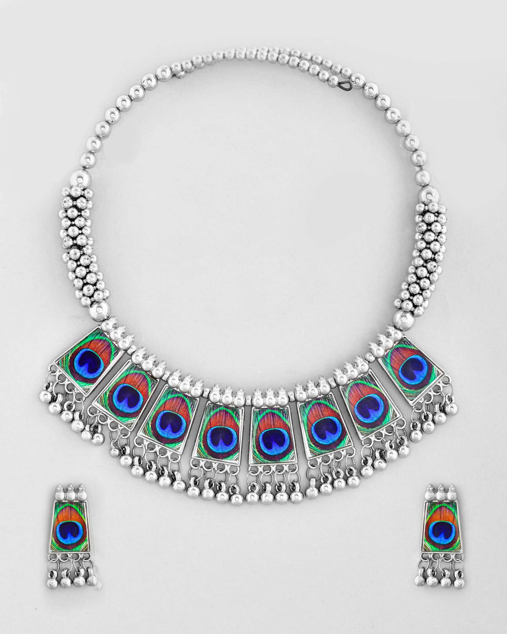 VOJ Silver Plated Oxidized Peacock Print Hasli with Earring Set | Grocsy