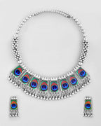 VOJ Silver Plated Oxidized Peacock Print Hasli with Earring Set | Grocsy