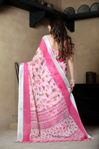 Prime Volt Linen Cotton Pink Printed Saree with Contrast Zari Border and Designer Blouse | Grocsy
