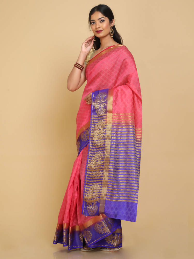 Kalamandir Floral Weaving Pink Pashmina Saree | Grocsy