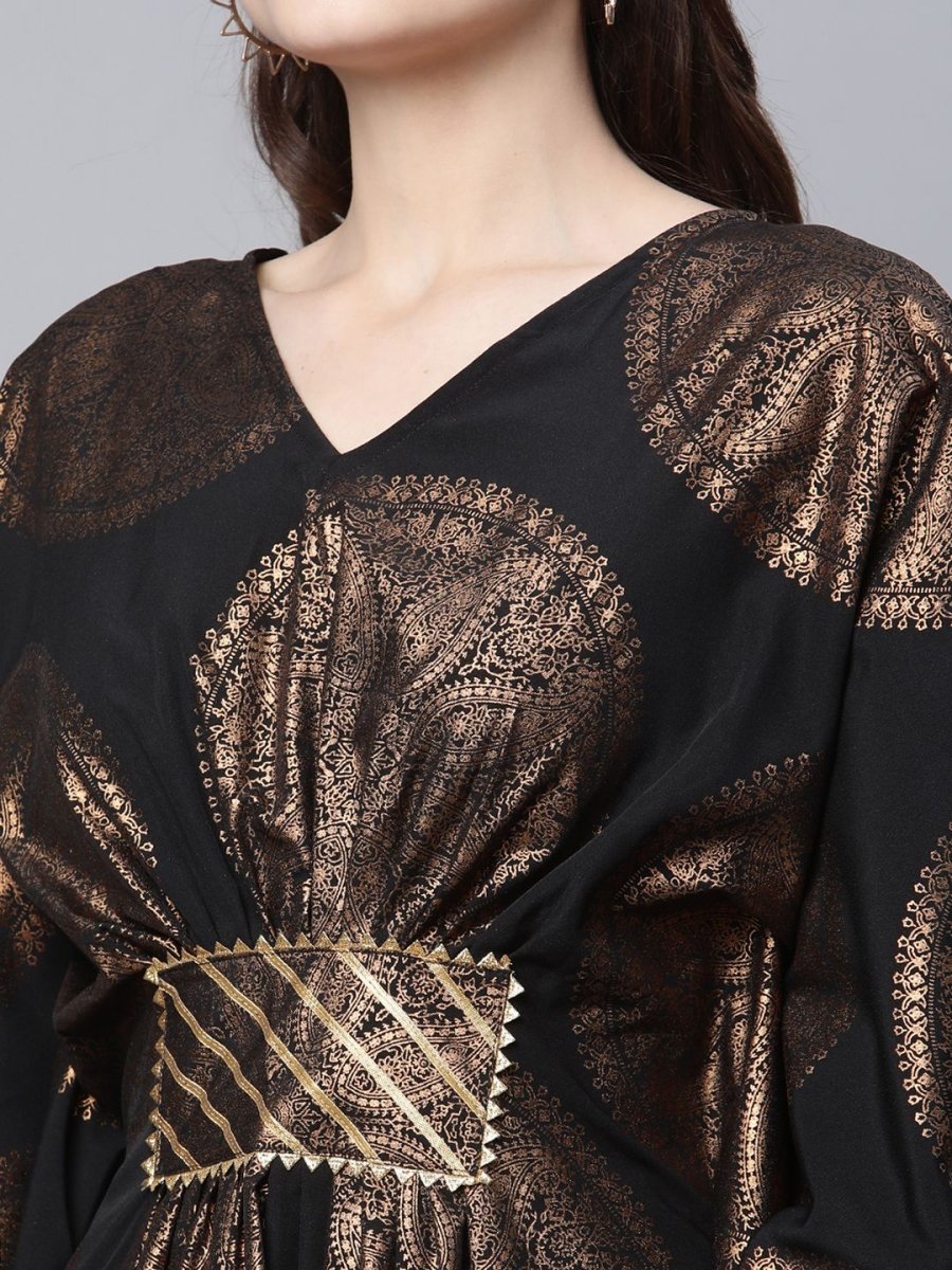 Ahalyaa Women Black Crepe Copper Foil Printed Flared Sleeve Kaftan Kurta | Grocsy